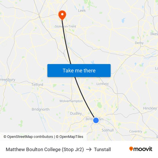 Matthew Boulton College (Stop Jr2) to Tunstall map