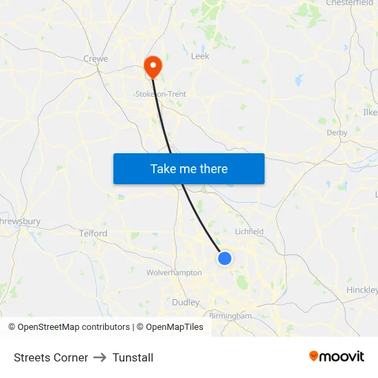 Streets Corner to Tunstall map