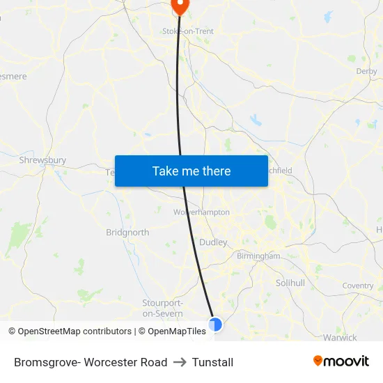 Bromsgrove- Worcester Road to Tunstall map