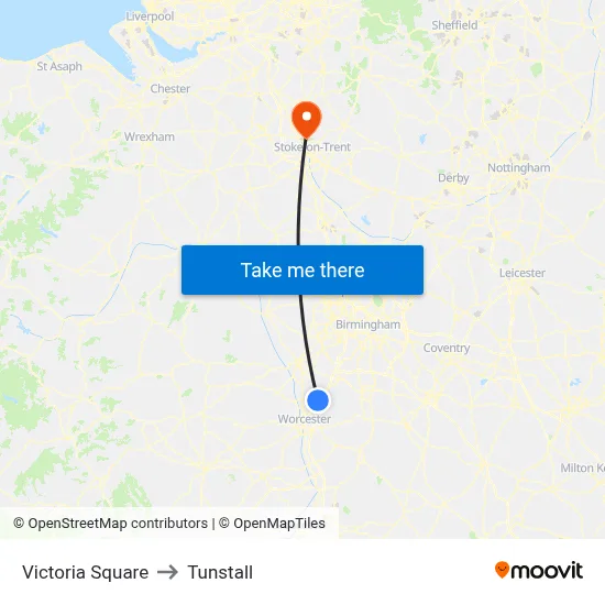 Victoria Square to Tunstall map