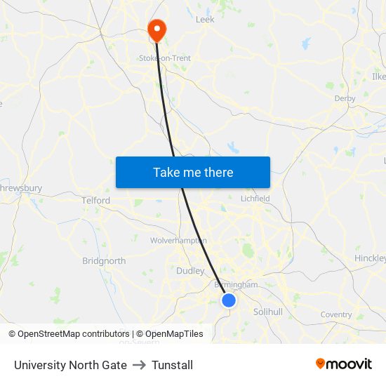 University North Gate to Tunstall map