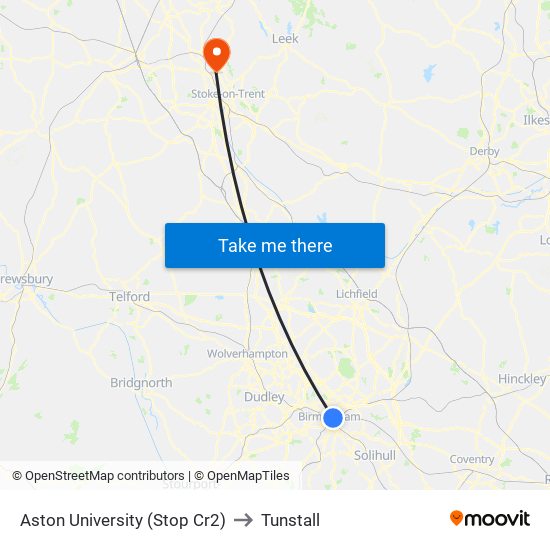 Aston University (Stop Cr2) to Tunstall map