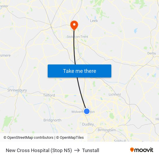 New Cross Hospital (Stop N5) to Tunstall map