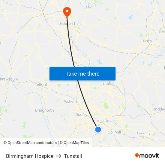 Birmingham Hospice to Tunstall map