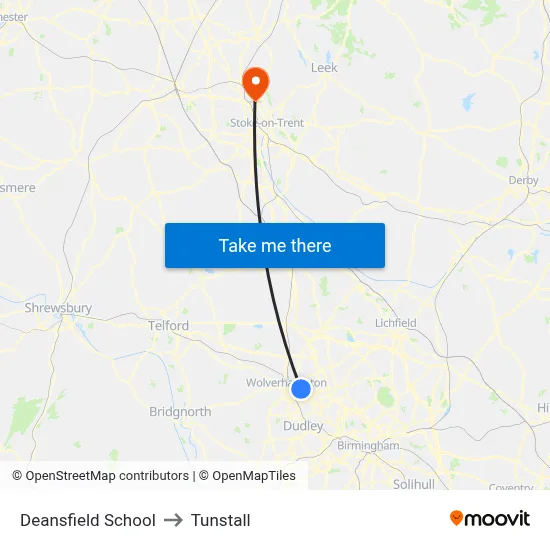 Deansfield School to Tunstall map