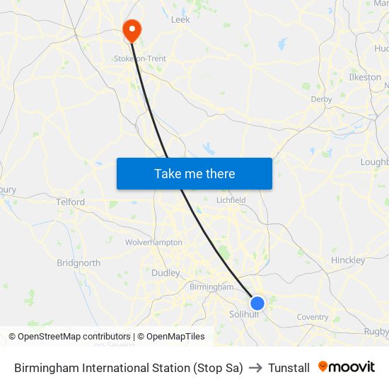 Birmingham International Station (Stop Sa) to Tunstall map