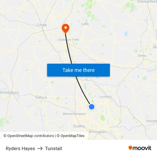 Ryders Hayes to Tunstall map