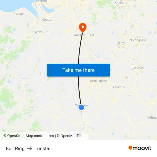 Bull Ring to Tunstall map