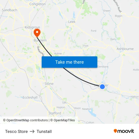 Tesco Store to Tunstall map