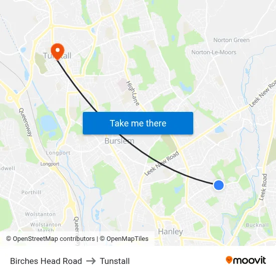 Birches Head Road to Tunstall map
