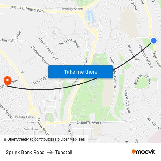 Sprink Bank Road to Tunstall map