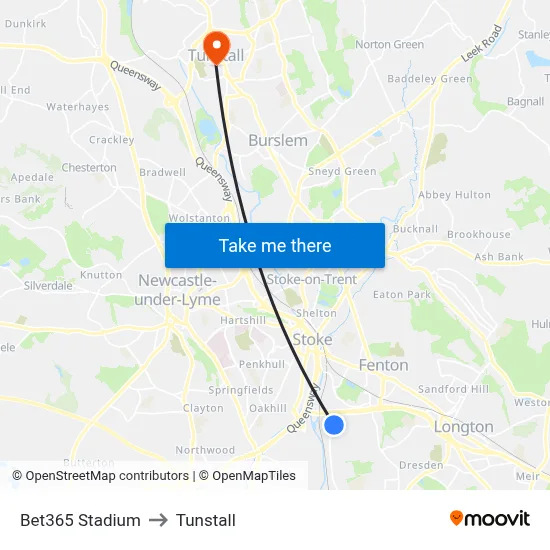 Bet365 Stadium to Tunstall map