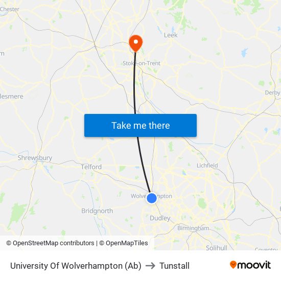 University Of Wolverhampton (Ab) to Tunstall map