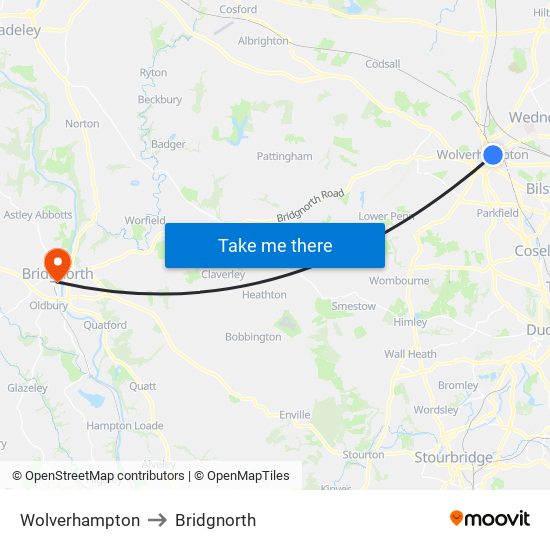 Wolverhampton to Bridgnorth map