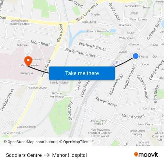 Saddlers Centre to Manor Hospital map