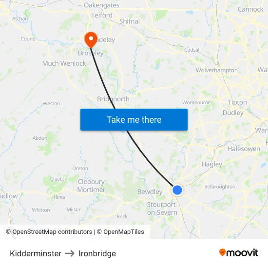 Kidderminster to Ironbridge map