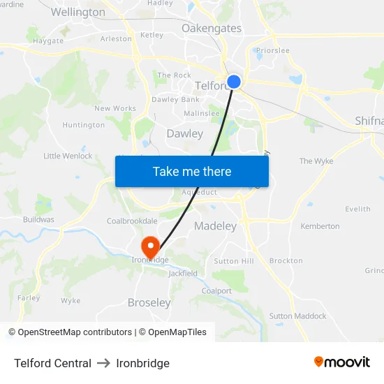 Telford Central to Ironbridge map