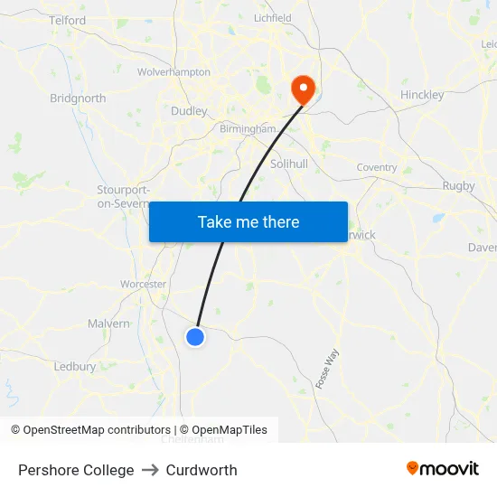 Pershore College to Curdworth map