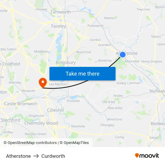 Atherstone to Curdworth map