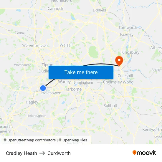 Cradley Heath to Curdworth map