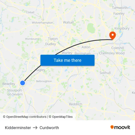 Kidderminster to Curdworth map
