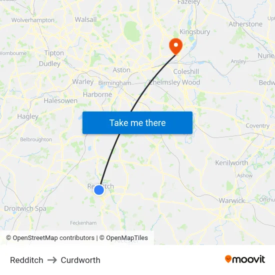 Redditch to Curdworth map