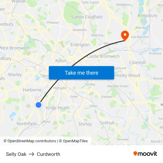 Selly Oak to Curdworth map