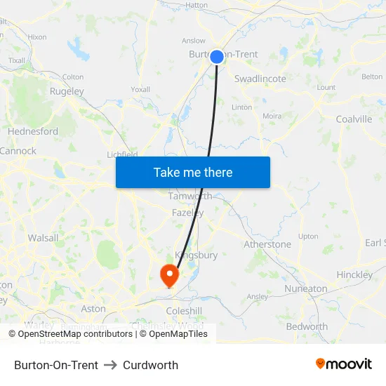 Burton-On-Trent to Curdworth map
