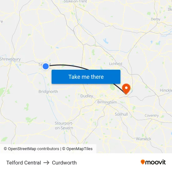 Telford Central to Curdworth map
