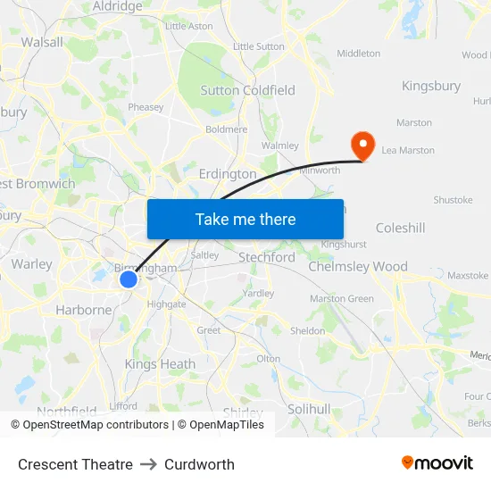 Crescent Theatre to Curdworth map
