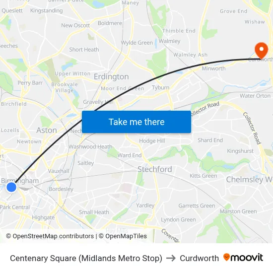 Centenary Square (Midlands Metro Stop) to Curdworth map