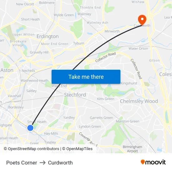 Poets Corner to Curdworth map