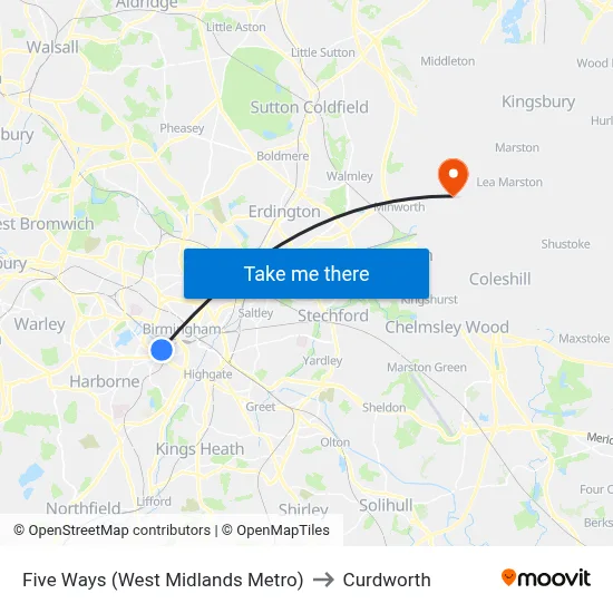 Five Ways (West Midlands Metro) to Curdworth map