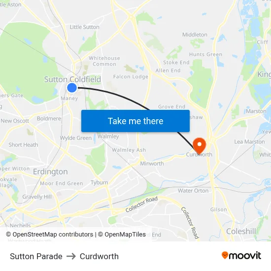 Sutton Parade to Curdworth map