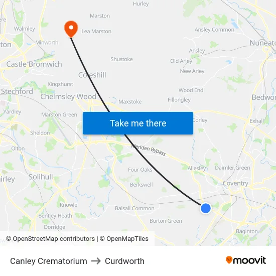 Canley Crematorium to Curdworth map