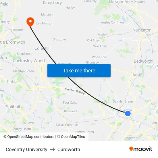 Coventry University to Curdworth map