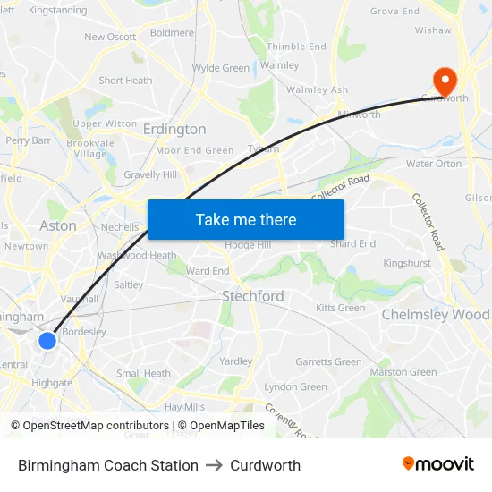 Birmingham Coach Station to Curdworth map