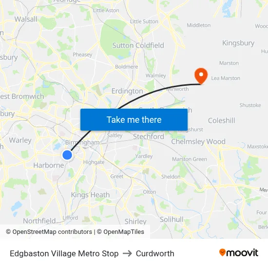 Edgbaston Village Metro Stop to Curdworth map