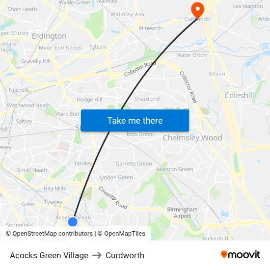 Acocks Green Village to Curdworth map