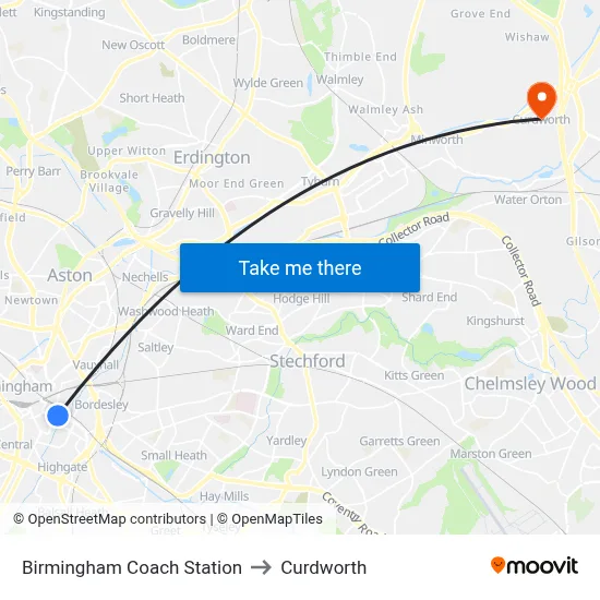 Birmingham Coach Station to Curdworth map