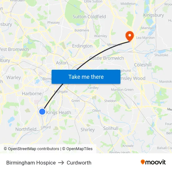 Birmingham Hospice to Curdworth map
