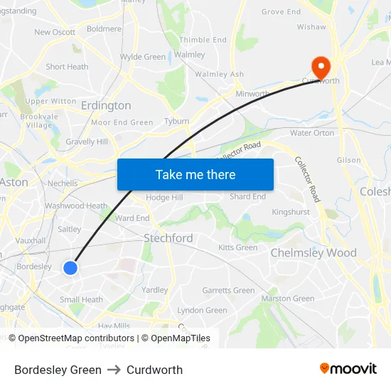 Bordesley Green to Curdworth map