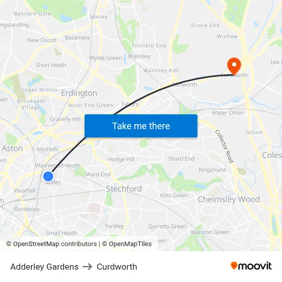 Adderley Gardens to Curdworth map
