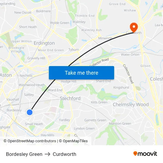 Bordesley Green to Curdworth map