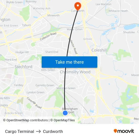 Cargo Terminal to Curdworth map