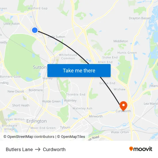 Butlers Lane to Curdworth map