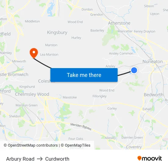 Arbury Road to Curdworth map