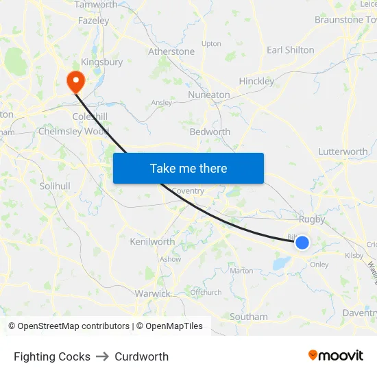 Fighting Cocks to Curdworth map
