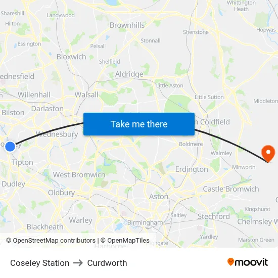 Coseley Station to Curdworth map