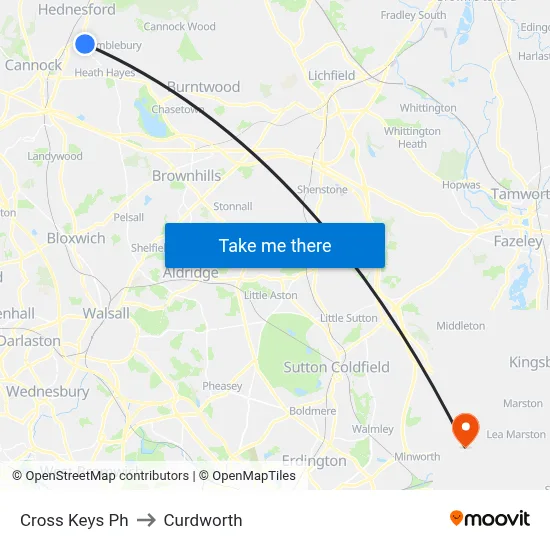 Cross Keys Ph to Curdworth map